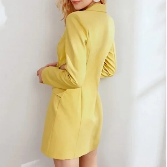 side cut out buttoned blazer dress chic classy elegant fall winter trend yellow - Picture 4 of 7